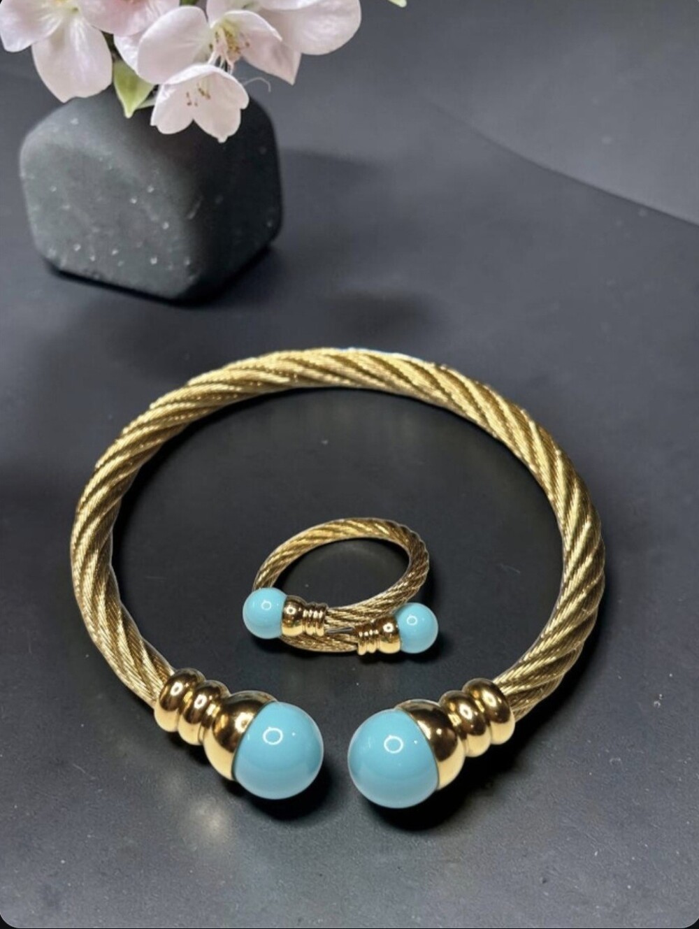 18k Gold Plated Twisted Cable Turquoise Cabochon Ball Bracelet & Ring Set